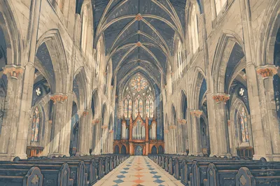 Grand Gothic Church Nave with High Ceiling