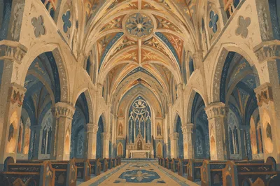 Gothic Church Interior with Soaring Vaulted Ceiling