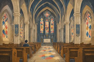Reverent Gothic Church Nave with High Ceiling