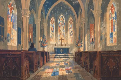 Gothic Church Interior with Soaring Ceiling
