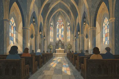 Peaceful Gothic Church Interior with High Ceilings