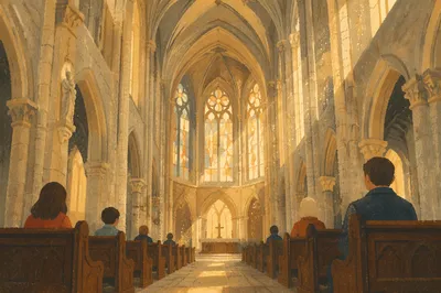 Reverent Gothic Church Interior with High Ceilings