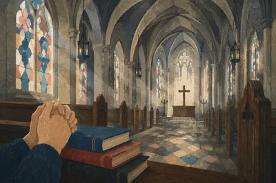 Gothic Church Interior with Prayer Hymnals