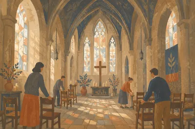 Gothic Church Volunteers Beneath High Vaulted Ceiling