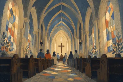 Gothic Church Interior with Soaring Vaulted Ceiling