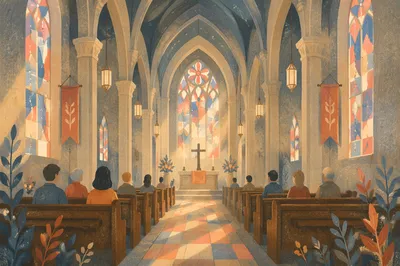 Gothic Church Interior with Morning Worshippers