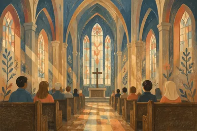Gothic Church Interior With Quiet Worshippers