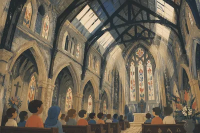 Gothic Church Nave with Soaring Trusses