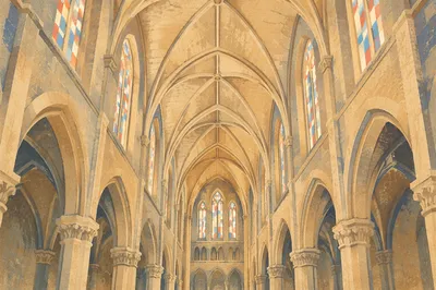 Soaring Gothic Church Ceiling in Reverent Light