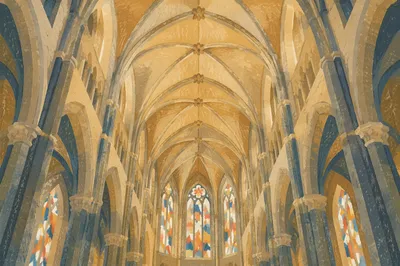 Gothic Sanctuary Vaulted Ceiling in Amber Light