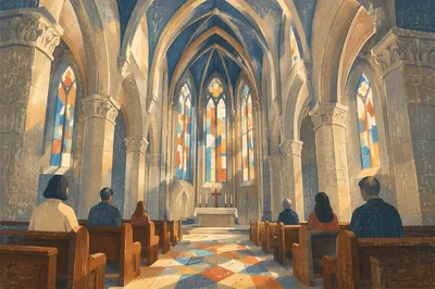 Gothic Church Interior With Soaring Vaulted Ceiling
