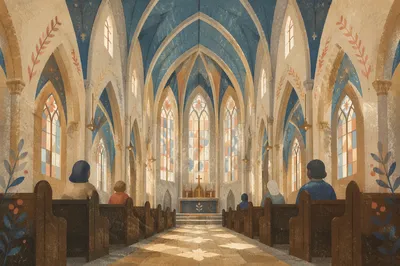 Gothic Church Interior with Soaring Ribbed Ceiling