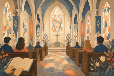 Reverent Gothic Church Interior With Vaulted Ceiling