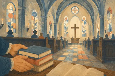 Gothic Church Nave with Morning Hymnals