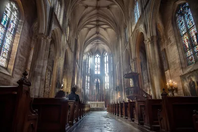 Gothic Church Interior with Soaring Ceiling