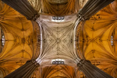 Gothic Church Vaulted Ceiling in Amber Light