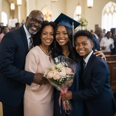 Family Hugging Graduate in Church Hall