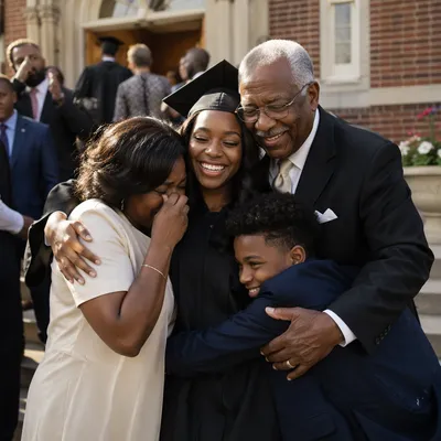 Graduation Family Hug on Church Steps