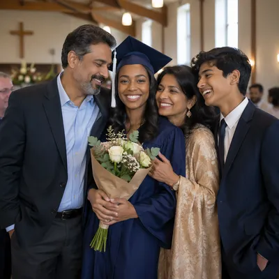 Family Hugging Graduate in Church Hall