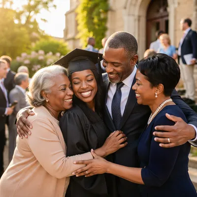 Family Hugging Graduate Outside Church Courtyard