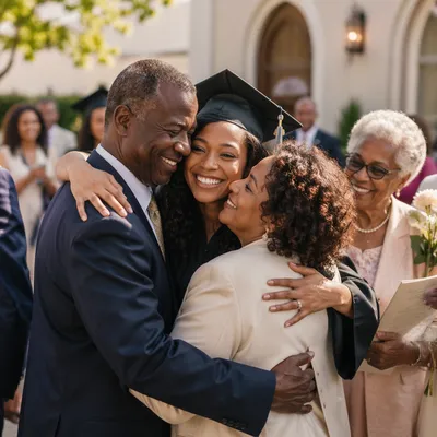 Family Hugging After Graduation Outside Church