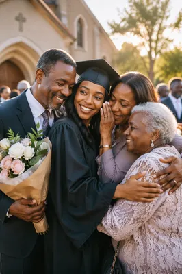 Family Hugging Graduate Outside Church Courtyard