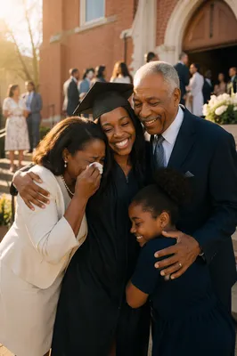 Graduation Family Hug on Church Steps