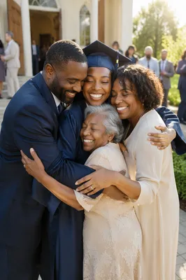 Graduation Family Hug Outside Neighborhood Church