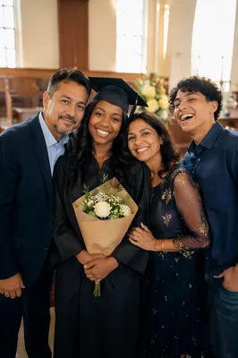 Family Hugging Graduate in Church Hall