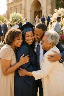Family Hugging Graduate Outside Church Courtyard