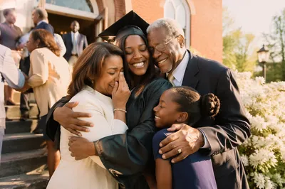 Graduate Hugging Family Outside Brick Church