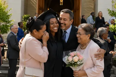 Graduate Hugging Family on Church Steps