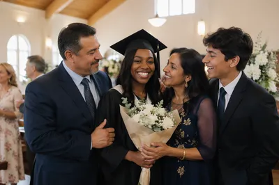 Family Hugging Graduate in Bright Hall