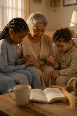Grandmother Praying with Grandchildren in Living Room