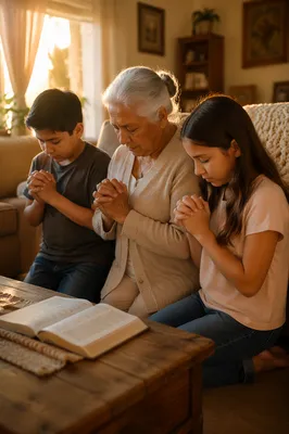Grandmother and Grandchildren Praying in Living Room