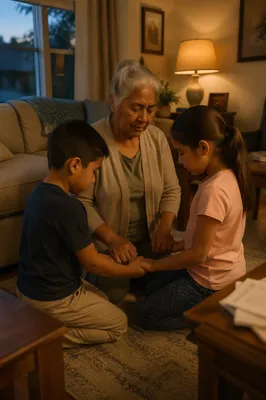 Grandmother Praying with Grandchildren in Living Room