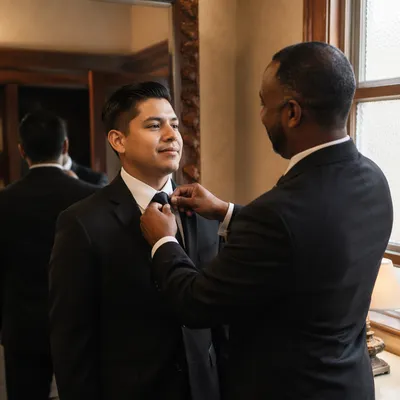 Groom and Best Man Adjusting Tie