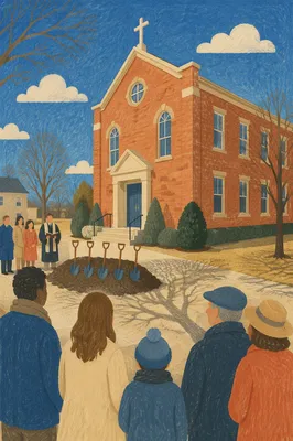 Church Groundbreaking Ceremony by Red Brick Building