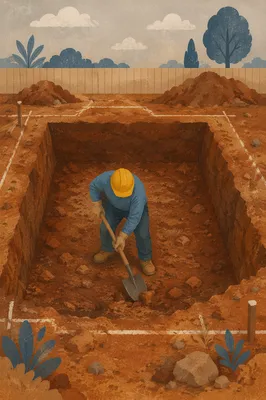 Church Groundbreaking Worker in Foundation Trench