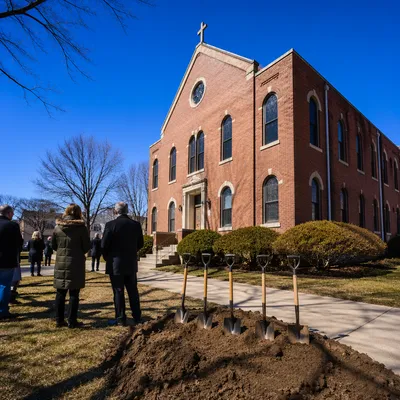 Church Groundbreaking Ceremony by Brick Building