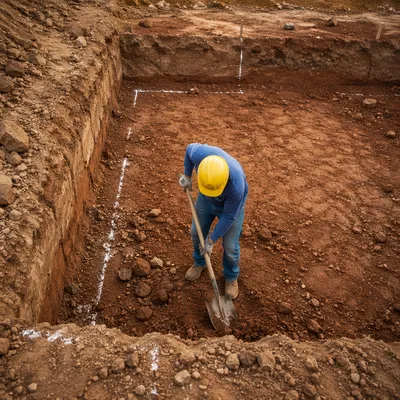 Church Groundbreaking Worker in Foundation Trench