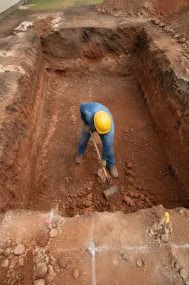 Church Groundbreaking Worker in Foundation Trench