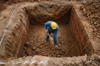 Church Groundbreaking Worker in Foundation Trench