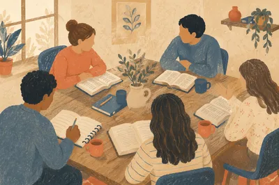 Small Group Scripture Discussion Around Wooden Table