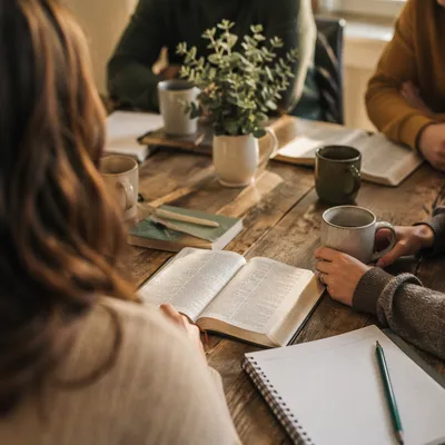 Small Bible Study Around Wooden Table