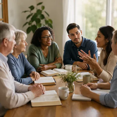 Small Group Discussion Around Wooden Table