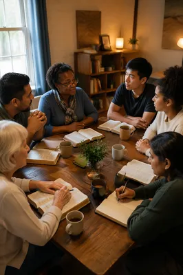 Small Group Discussion Around Wooden Table