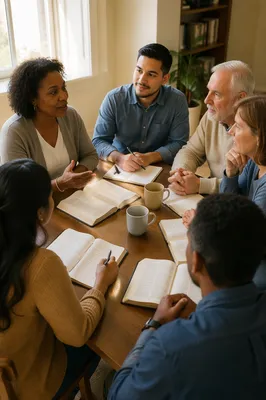 Small Group Discussion Around Wooden Table