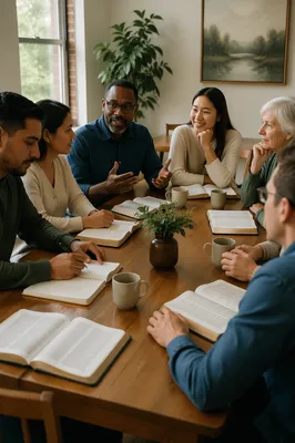 Small Group Discussion Around Wooden Table