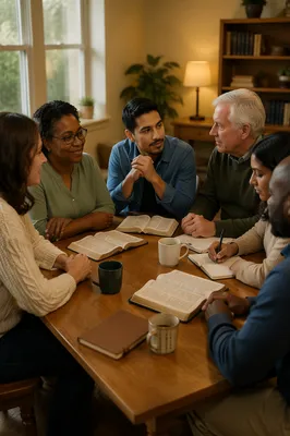 Small Group Discussion Around Wooden Table